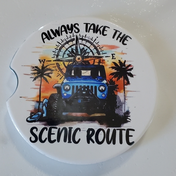Set Of 2 Ceramic Car Coasters Always Take the Scenic Route - Picture 5 of 6
